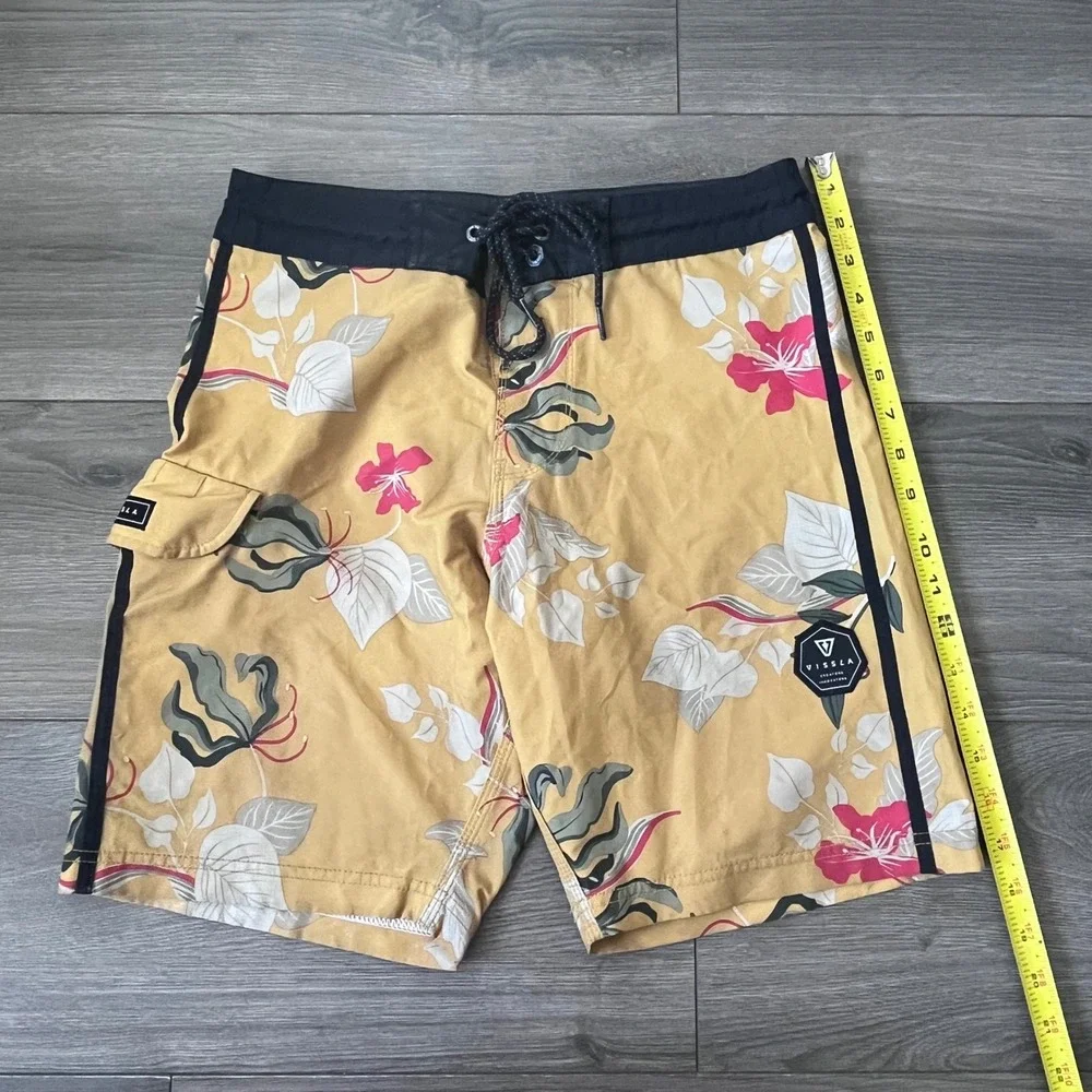 Vissla Mens Board Shorts Size 28 Yellow Floral Upcycled Coconut Poly M115MMOO